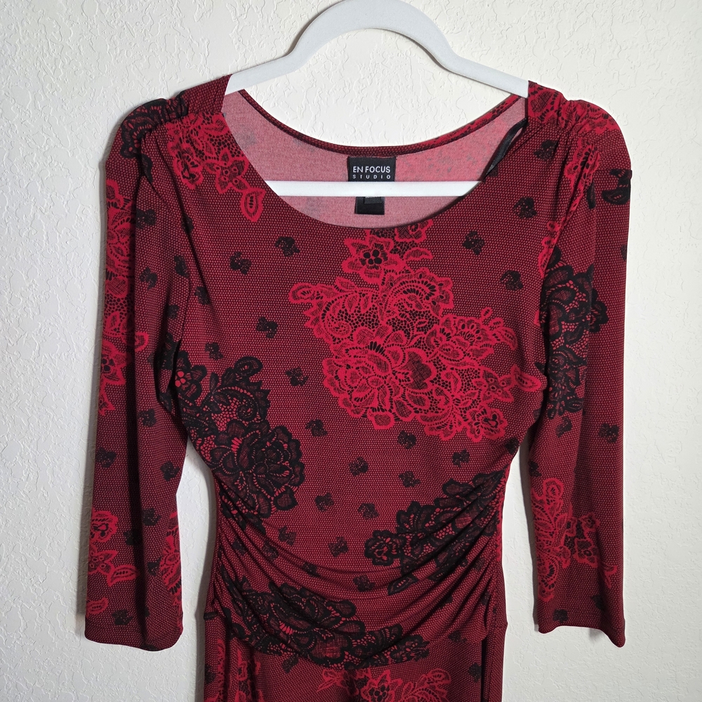 Enfocus Studio Red Black Floral Soft Stretch 3/4 Sleeve Midi Dress Size 4 - Picture 7 of 10